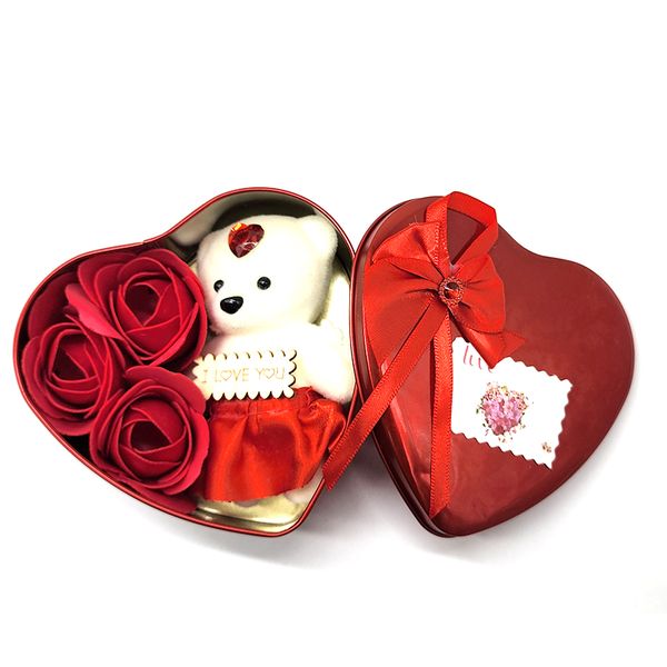 Valentines Gift Set W Teddy &amp; Roses Heart Shaped Gift Box Red
