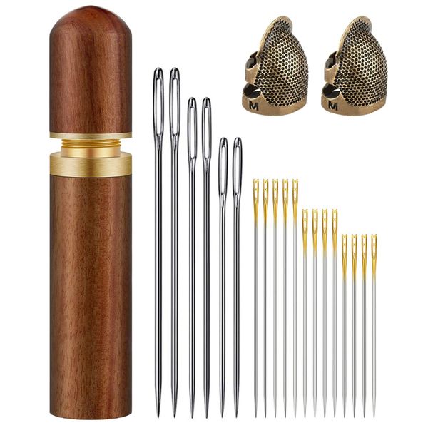 Wooden Needles Case for Storing Sewing Needles with Sewing Thimble