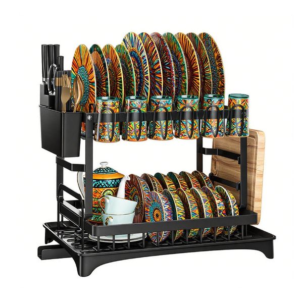 Large Capacity Dish Drying Rack Iron Dish Drainer Black 2-Tier