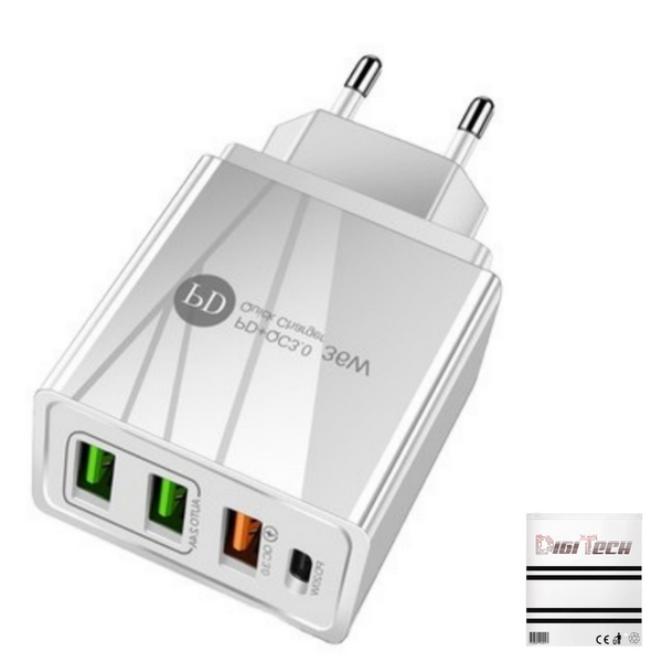 TechByte USB Wall Charger/ Adapter - 4 Port Fast Charge - USB A + C - White