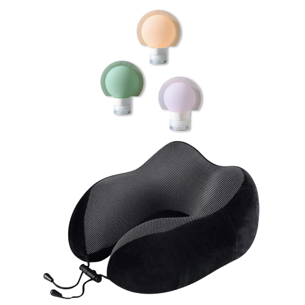 Premium Memory Foam Travel Pillow with Silicone Travel Bottle Set