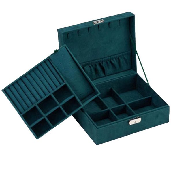 Double Layer Emerald Green Flannel Velvet Jewellery Storage Box