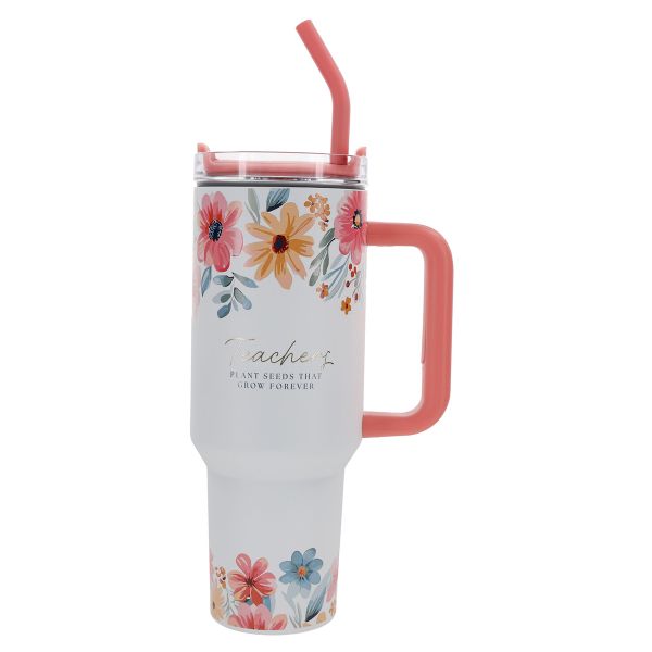 Large Travel Mug with Handle and Straw - Teachers Plant Seeds That Grow