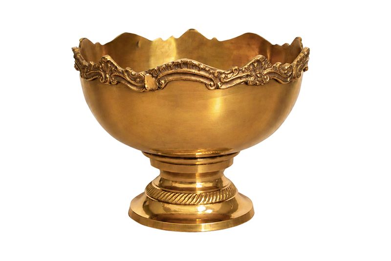 Decorative Round Brass Flower Bowl on Round Base with Border - Gold Finish