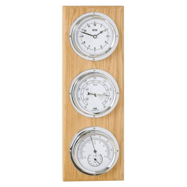 4-in-1 Barometer, Thermo/Hygro, Clock - Chrome &amp; American Oak Wood