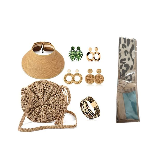 Summer Beach Bag Accessories Set for Women with Straw Hat Jewelry Combo Set