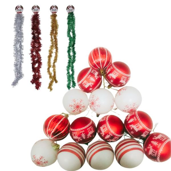 15pcs Christmas Balls Set with 4 Tinsel Garlands - Baubles &amp; Tree Pendants