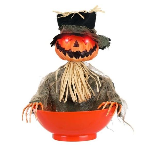 Halloween Pumpkin Scarecrow Candy Bowl with Light Up Eyes &amp; Sound (33cm)