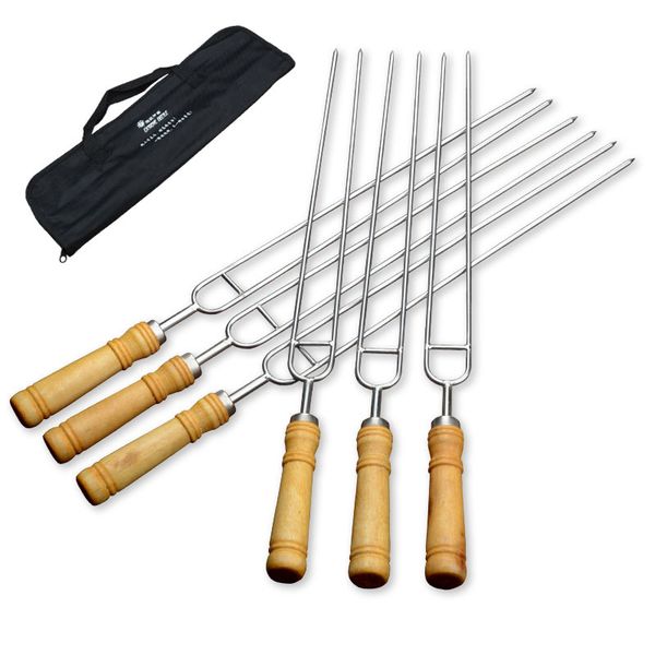 6 Pieces Stainless Steel Barbecue Skewers Wooden Handles And Storage Bags