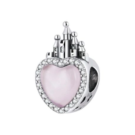 925 Sterling Silver Princess Castle Pink Heart Charm - Silver Image