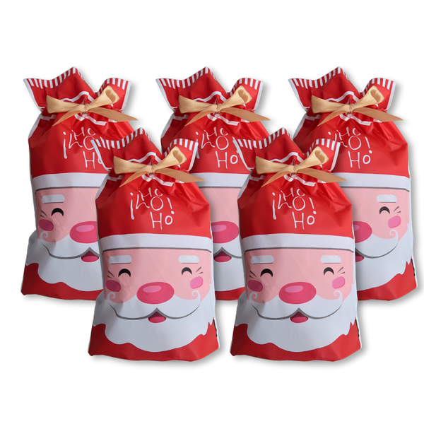 5pcs Christmas Gift Bags with Gold Drawstring Red Santa HoHoHo