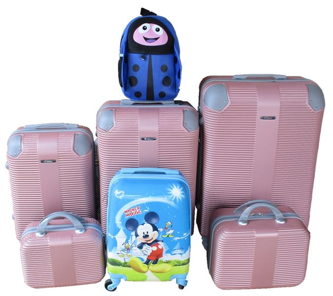 5-Piece Pink ABS Luggage Set with Mickey Kids Trolley &amp; Ladybug Backpack