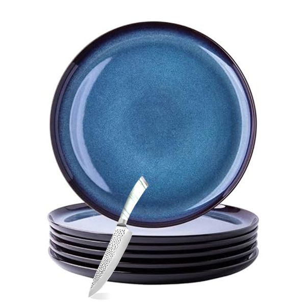 Set of 7 - Modern Shape Glossy Reactive Glaze Porcelain Dinner Plate and Stainless Steel Kitchen Knife