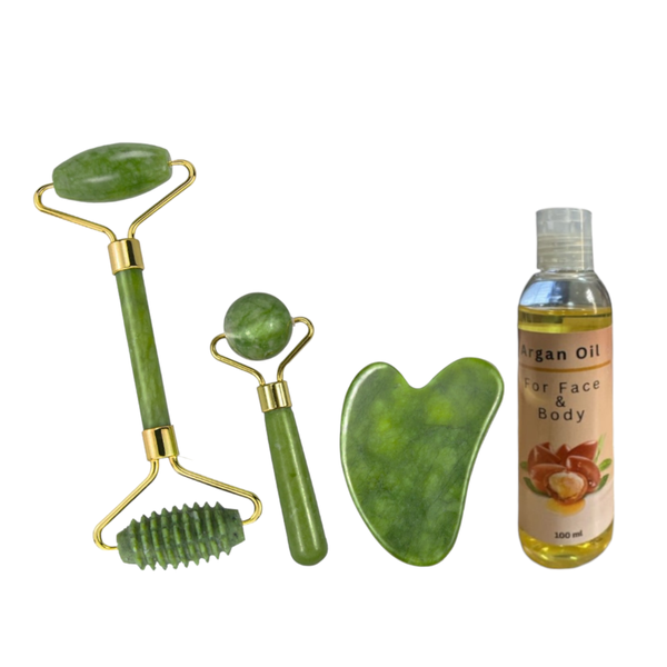 Gua Sha &amp; Jade Roller, Face Roller, Facial Massage Tool 4 in 1 &amp; argan oil