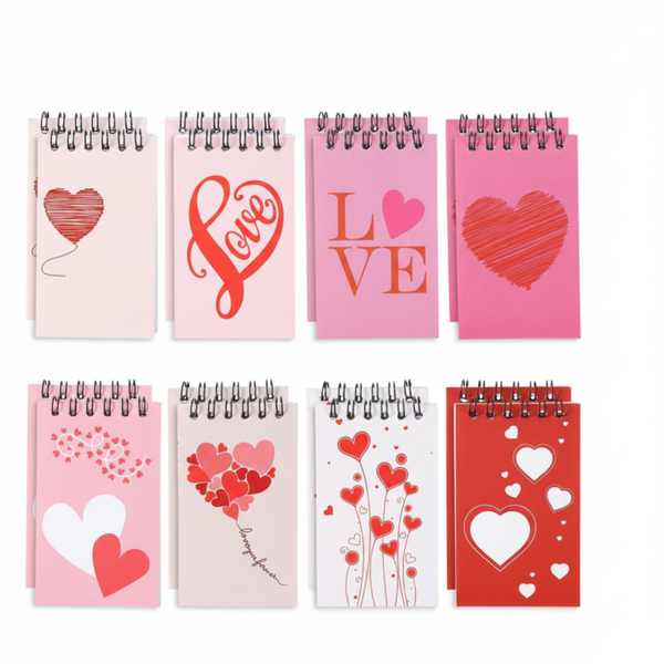 8 Piece Assorted Love &amp; Hearts Spiral Notepad Set - Pink &amp; Red