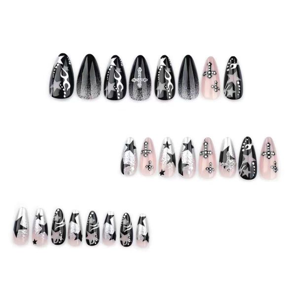 Press on Nails Almond Medium Fake Nails with Black Star Design