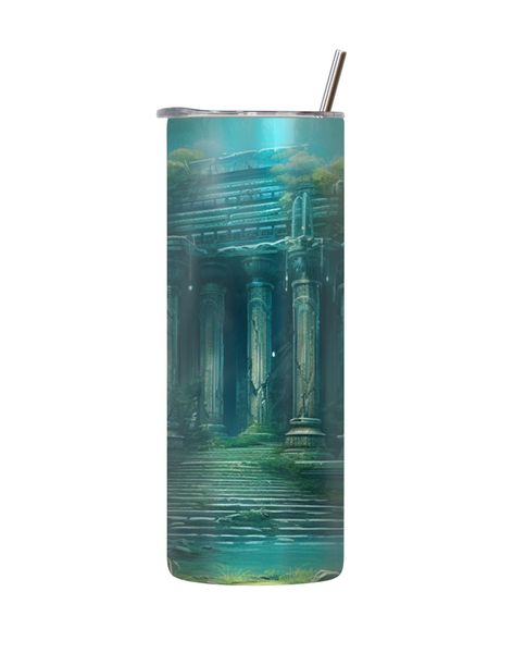 Blue Water 20 Oz Tumbler with Lid Straw Trendy Old Ruins Graphic Present182