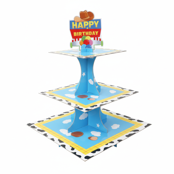 3-Tier Cowboy Theme Birthday Cupcake Stand - Blue &amp; Yellow