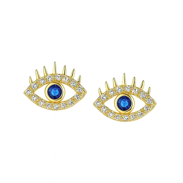 Gold Evil Eye Stud Earrings with Blue Crystal Center