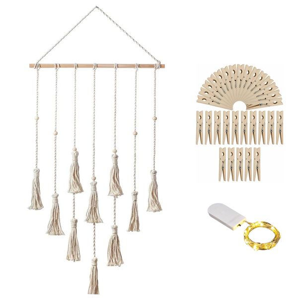 Photo Display Macrame Wall Hanging Boho Decor w/ 30 Photo Clips &amp; LED Light