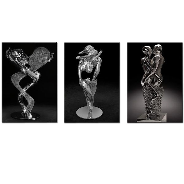 Canvas-Art-3 Pieces Romantic Marble Silver &amp; Black Statues Wall Art II