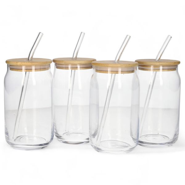 Cocktail Drinking Glasses with Bamboo Lids and Glass Straw - Set of 4