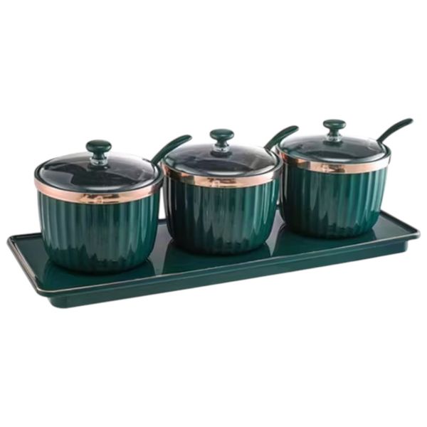 Luxury 3-Grid Round Spice Jars With Spoons &amp; Tray