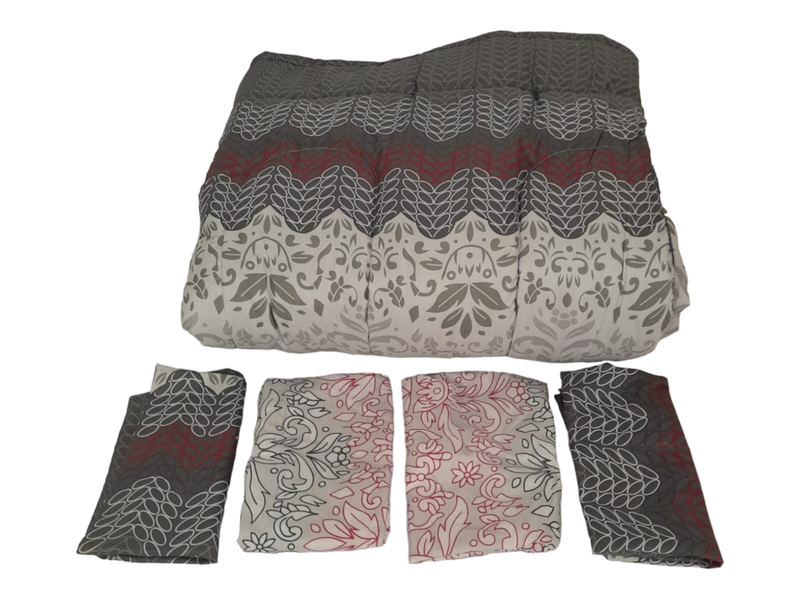 Bedding- 5 Piece Comforter Set - Queen Size - Grey /Red