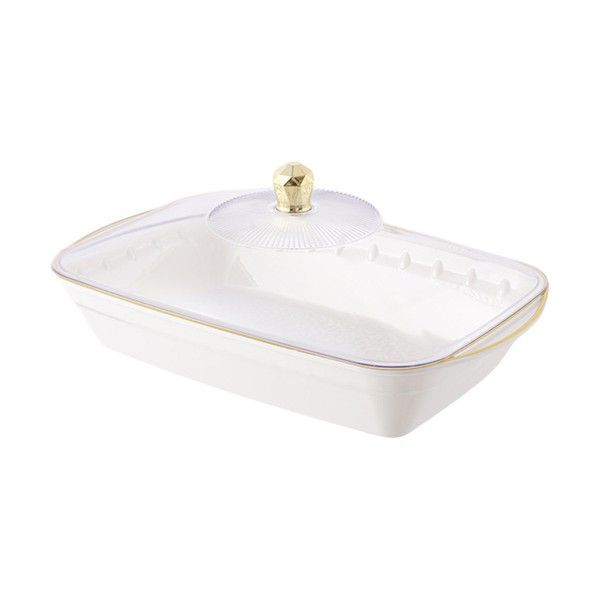 Luxury Rectangular Plastic Food Serving Bowl with Handle Lid - White