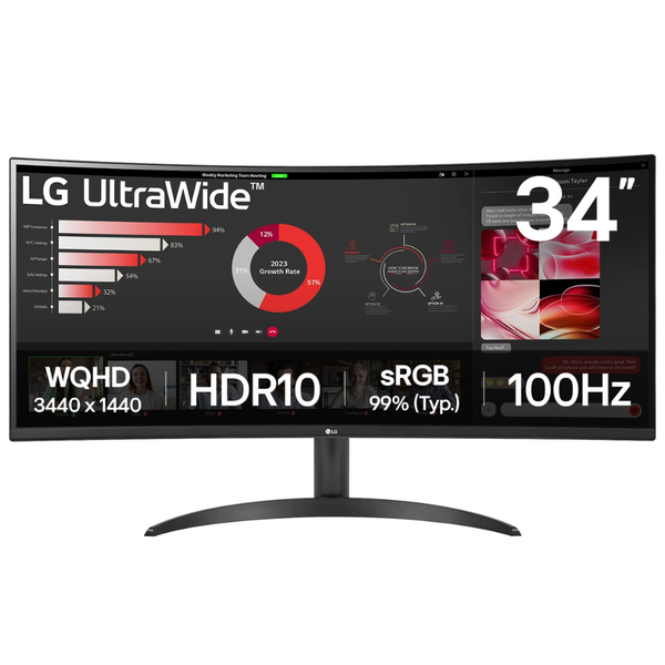 LG UltraWide 34" QHD VA Curved Monitor - 3440x1440, 100Hz, Computer Monitor