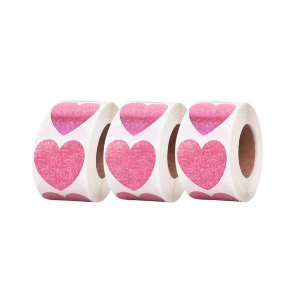 500 Piece - Glitter Heart Stickers Roll - Decorative Labels - Pink