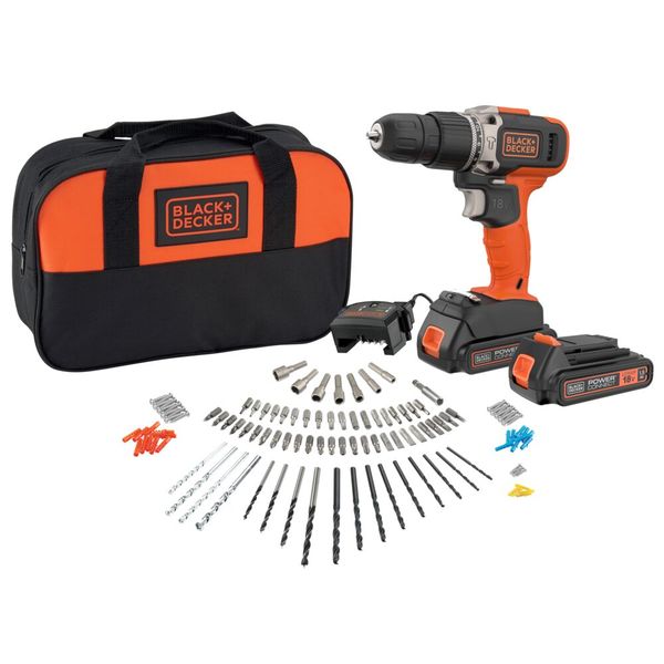 Black+Decker 18v Cordless Hammer Drill + Bag +120 Acc + 2x1.5ah Batt