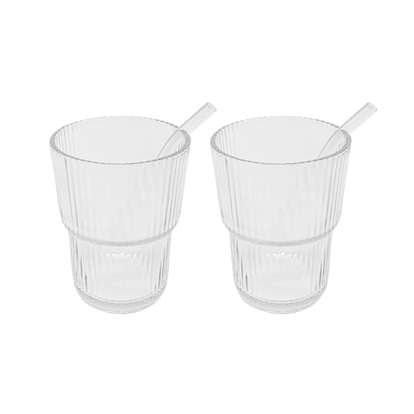 Bestby - 2 Pack325ml Ribbed Glass Tumblers Drinking Glasses with Straws