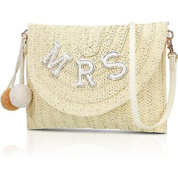 Beach Bag - Mrs - Straw Shoulder Bag Woven Envelope Wallet Pearl Rhinestone
