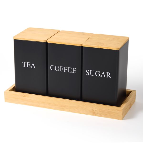 Chenshia 3Pc Coffee Tea Sugar Canister &amp; Tray Countertop Tea Organizer