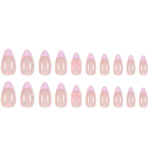 24 Piece -Pink French Tip Press-On Nails with 3D Bow &amp; Rhinestone Accents