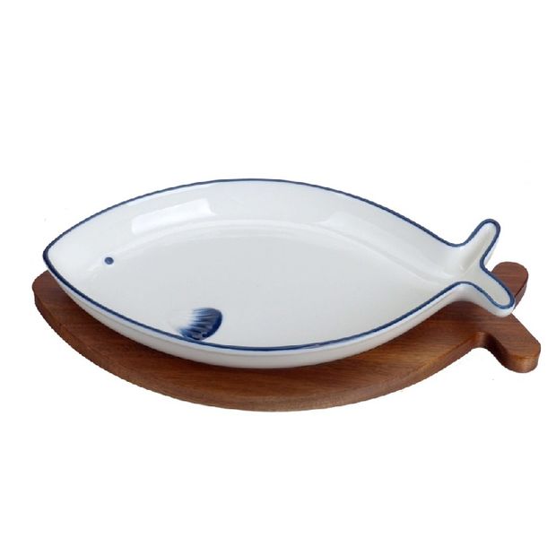 Fish-Shaped Serving Platter &amp; Wooden Tray Set - 2 Piece