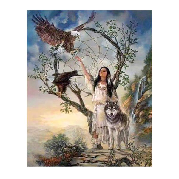 Diamond Painting DIY Kit,Full Drill, 50x40cm- Wolf, Indians and Eagles