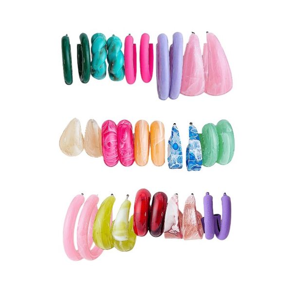 15 Piece - Resin Design Hoop Earrings With Multiple Patterns - Multi-Colour