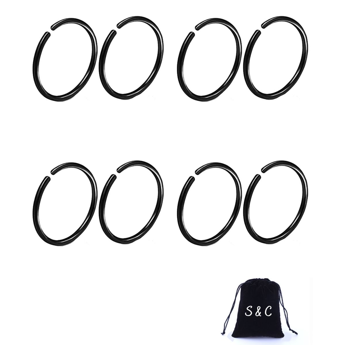 S & C Round Circular Stainless Steel Nose Rings Set of 8 Black Shop