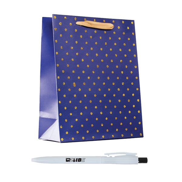 2 Sizes Luxury Blue &amp; White Gold Dotted Sturdy Gift Bags With ReVibe Pen