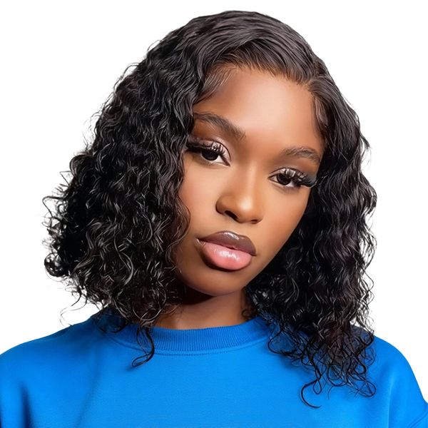 12inch Short BOB Curly Wig 13X4 Lace Frontal Glueless Wig Black In