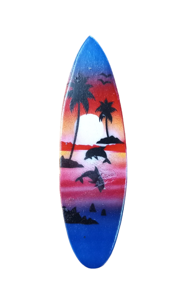 Magnet Wooden Surfboard - Red, Blue Two Dolphins Two Palmtree