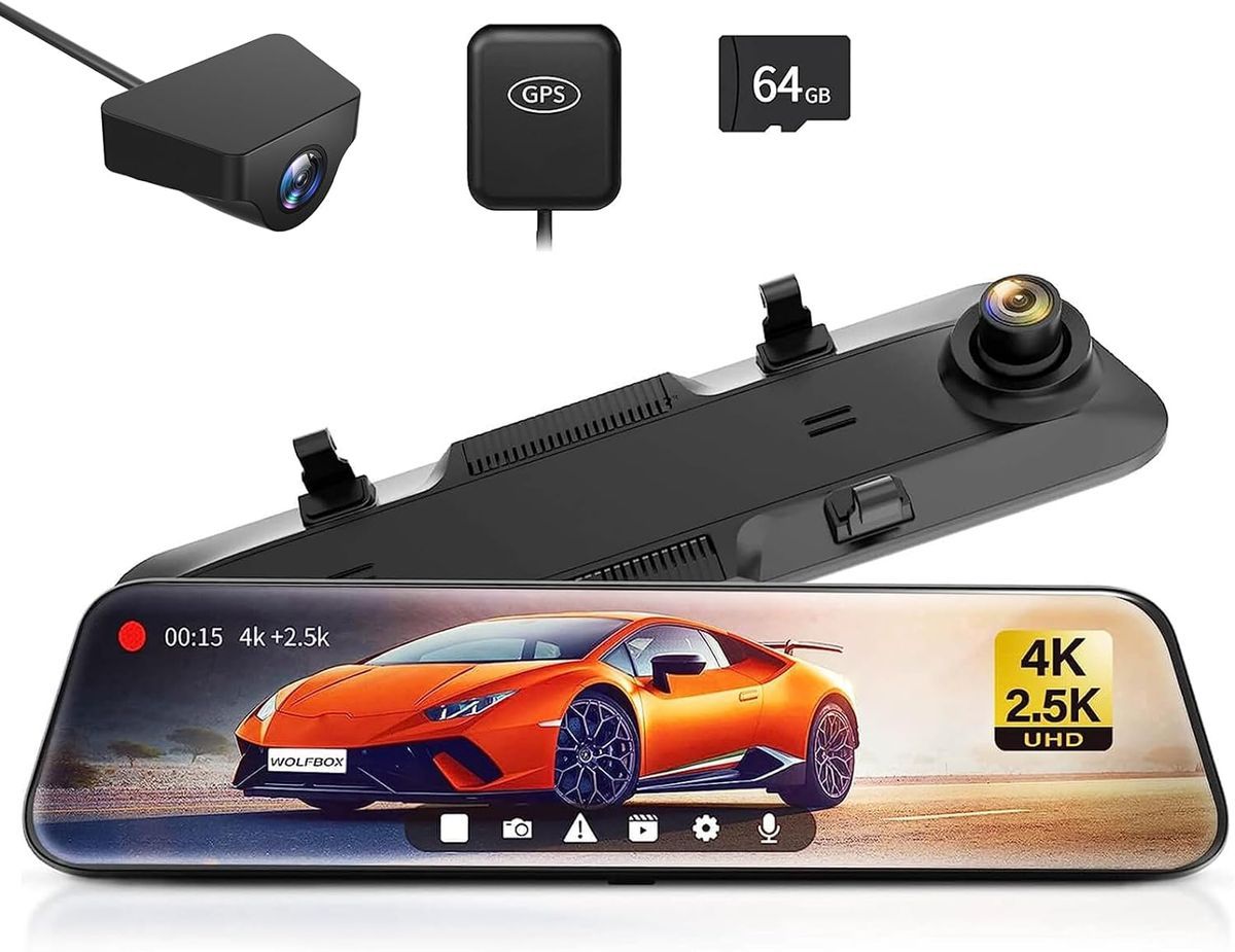 Wolfbox G900 12" Mirror Dash Cam - 4K Front & 2.5K Rear Recording, GPS