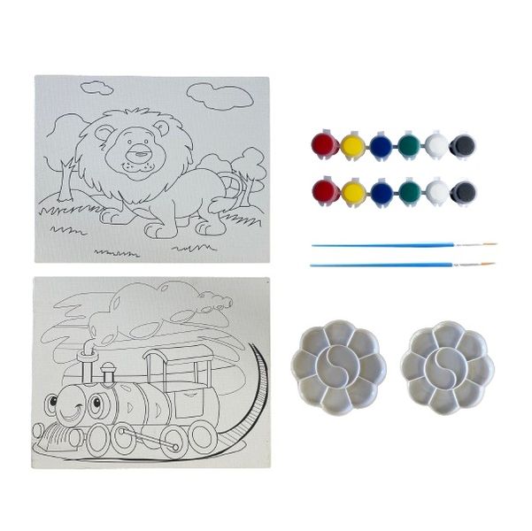 Boys Printed Panel Canvas, 6 Paint Pots, 1 Brush &amp; Palette (Set of 2)