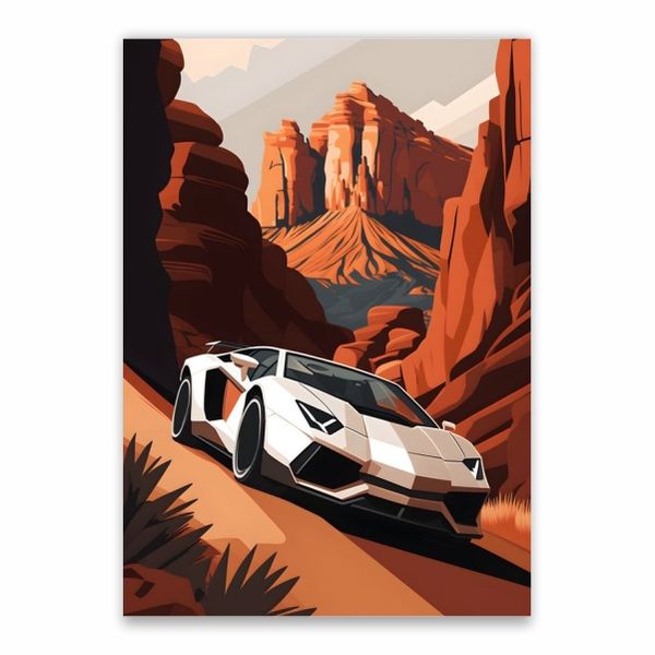 White Lamborghini In Canyon Poster - A1