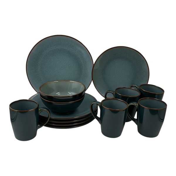 16pc Dinner Set Stoneware - Ocean Blue with Brown Rim
