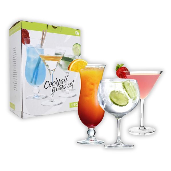 12-Piece Cocktail Glass Set: Martini, Gin &amp; Tonic, Hurricane Style