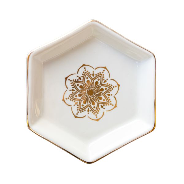 Nordic Scandinavian Hexagonal Mandala Ceramic Jewellery Trinket Dish-White