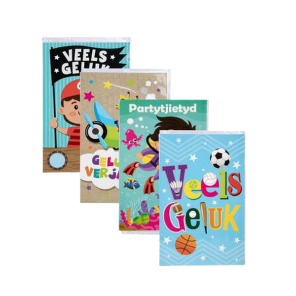 Assorted Afrikaans Birthday Cards &amp; Envelopes - Boy (Set of 4)